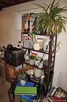Metal shelving filled with garden supplies, live plants, watering cans, squirt bottles, boxed wall mount light, and ceramic pots.