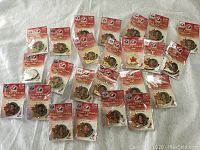 Overview of 22 Team Canada Olympic hockey pins in original packaging, arranged on a white surface.