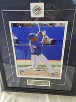 Framed autographed color photo of Edwin Encarnacion batting, with Toronto Blue Jays logo and nameplate, signed on photo.