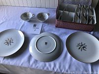 Set of plates and tea cups with design and storage box