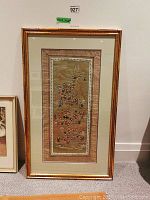 Full view of the framed Asian silk embroidery art, showing overall size and frame details.