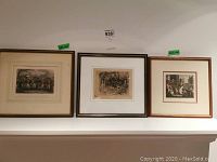 Three framed historical prints side by side on a shelf, each labeled with approximate size 6x8, 6x8, and 6x7 inches