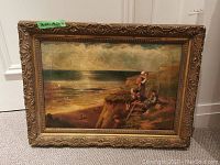 Full frontal view of the painting showing coastal scene with children on cliffs