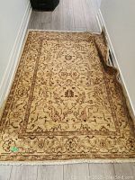 Full-frontal shot of ivory and brown patterned area rug laid on floor, tassel fringe visible on near end