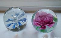 Two round glass paperweights on a window ledge, one featuring a pink carnation and the other a blue flower with bubbles inside.