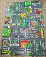 Full top-down view of the children's play mat showing detailed city road design and surrounding scenery.