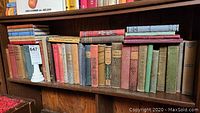 Shelf of antique and vintage books with various colors and bindings