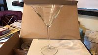 Single clear martini glass standing upright inside the box, showing its shape and size
