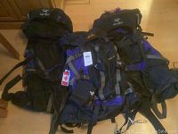 Three backpacks laid out on floor