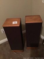Two standing speakers side by side with wooden tops and bases, dark fabric speaker grille on the front and sides, located on carpet.
