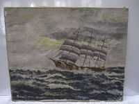 Front view of a three-masted sailing ship painting on canvas with visible signature at bottom left and rough seas under cloudy sky.