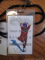 Photo of the Van Halen VIP 1995 backstage tour pass with lanyard on wooden surface.