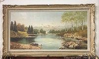 Full view of original L. Papp oil painting showing river landscape with frame
