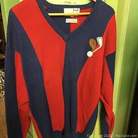 Front view of vintage golf sweater showing red and navy blue vertical stripes with V-neck collar.