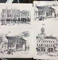 Four detailed unframed black and white prints depicting Toronto scenes with historical architecture and street life from 1968 to 1971.