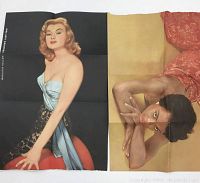 Two vintage pin-up prints side by side; left shows blonde woman in blue dress, right shows dark-haired woman in red garment