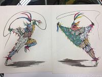 Photo of two unframed limited edition prints by Rose Cameron Smith, showing colorful jester figures in motion with feathered hats and detailed costumes.