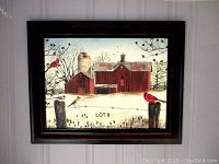 Full view of the framed painting showing wintery rural outdoor scene with barns, silo, and birds.