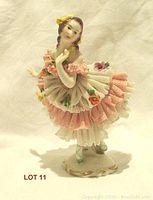 Front view of Dresden porcelain ballerina figurine showing detailed lace tutu and facial expression