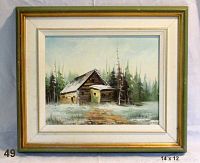 Framed oil painting of a winter barn scene measuring 14x12 inches.