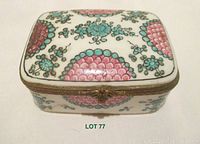 Front view of Limoges trinket box showing pink fan-shaped and turquoise floral patterns with gold-tone clasp and hinge.
