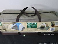 Photo of the packed Woods Creekside 6 person tent inside the carrying bag with product label showing tent design and brand.