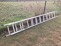 Full view of the 12-foot aluminum extension ladder laying on grass next to a fence.