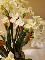 Close-up view of white artificial narcissus flowers with multiple petals and yellow centers on green stems and leaves.