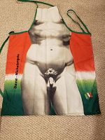 Full front of apron shown laid flat on carpet with the full image of Michelangelo's David statue and tricolor sides.