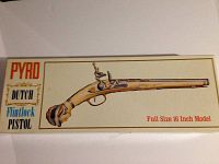Box of Pyro Plastics Dutch Flintlock Pistol model kit showing illustration of the pistol and labeling details.