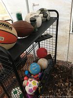 Photo showing upper and lower shelves of black metal sports ball rack loaded with various types of sports balls including official basketball, football, volleyball, and assorted soccer balls along with spray cans.
