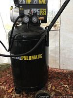 Full front view of the vertical compressor showing tank, gauges, handle and hose