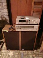 Overview of stereo receiver, cassette deck, and speakers showing setup and size.