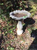 Full view of assembled concrete bird bath showing scalloped basin filled with dirt and leafy debris outdoors.