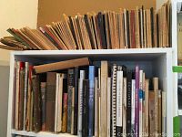 White bookshelf top three shelves with thin magazines on top, mixed art and history hardcovers below.