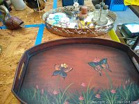 Wood serving tray with hand-painted butterfly and flower design