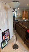 Full view of floor lamp showing frosted glass shade and metal stand inside a living room.