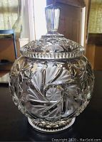 Front view of the pressed glass cookie or candy jar with lid showing the intricate leaf and pinwheel design.