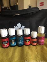 Photo showing six sealed Young Living essential oil bottles arranged in front of a black carrying bag with Young Living maple leaf logo.
