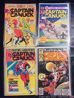 Front view of four of the Captain Canuck comics showing cover art for issues 3, 4, 5, and 8. Comics are bagged and boarded.