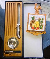 Bread board and knife set in gift box with stainless steel blades and wooden board