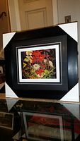 Full view of the framed and matted fine art print showing the black frame with white corner protectors and the colorful floral print inside.