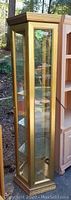Full view of the gold-colored curio cabinet showing its tall narrow shape, glass panels, wood top molding, and minor side chipping.