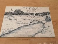 Full view of the pen drawing showing the landscape scene with stream and trees.