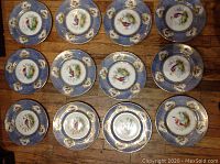Overview of twelve Royal Doulton cabinet plates arranged on wooden floor