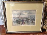 Full view of framed hand coloured etching showing a detailed 19th-century Toronto waterfront scene with people, boats, and mechanical structures.
