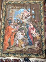 Full front view of the tapestry laid flat showing complete scene and border.