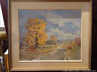 Full view of framed painting showing road, trees and frame.