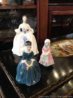 Front view of three Royal Doulton figurines arranged on a surface; tallest is Kelly in white dress with blue flowers, Cherie in blue dress, and smaller Tootle in pink dress with bonnet.