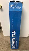 Blue box for Senville tower fan, labeled 36-42 inch oscillating tower fan